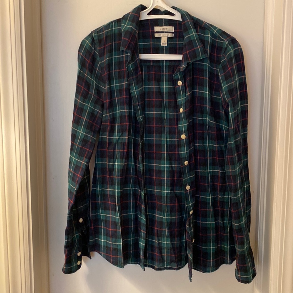 J Crew Tartan Plaid button down shirt, green/navy/red, size 2